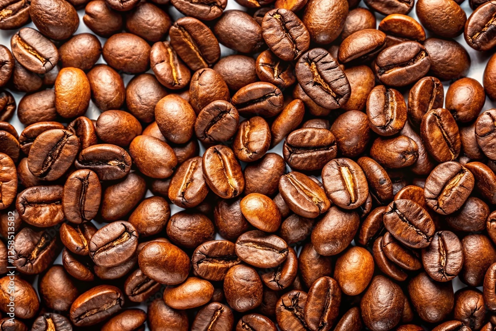 Fototapeta premium Aromatic Roasted Coffee Beans, Aerial View, White Background - High-Resolution Stock Photo
