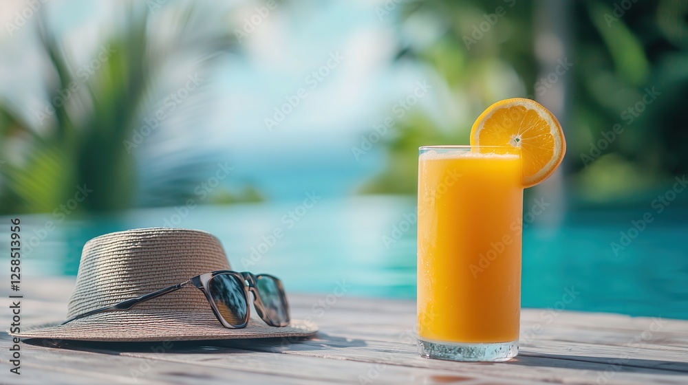 Refreshing Orange Juice by the Pool with Sun Hat and Sunglasses, Tropical Vacation Relaxation Refreshing Orange Juice by the Pool with Sun Hat and Sunglasses, Tropical Vacation Relaxation