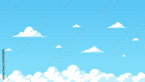 pixel art blue sky background with clouds, game level 8 bit landscape, arcade video game, vector illustration