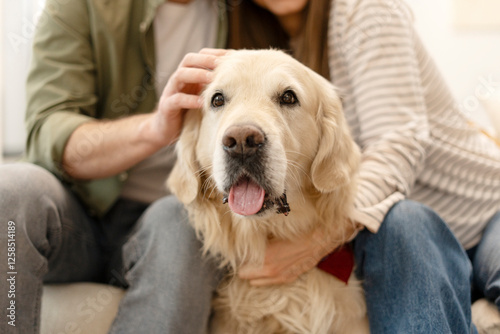 Couple petting golden retriever dog at home