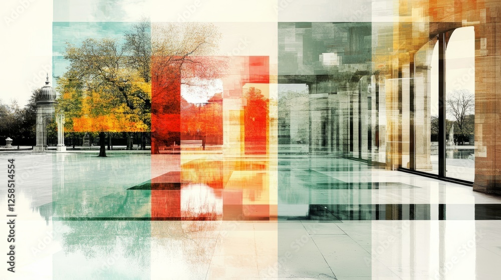 Fototapeta premium Abstract autumnal cityscape. Overlapping layers create a dreamlike effect, blending architecture and nature.