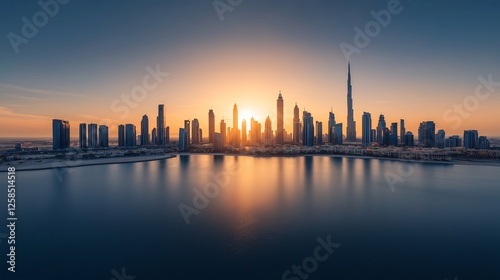 Dubai Skyline Sunrise, Aerial View, Cityscape, Tranquil