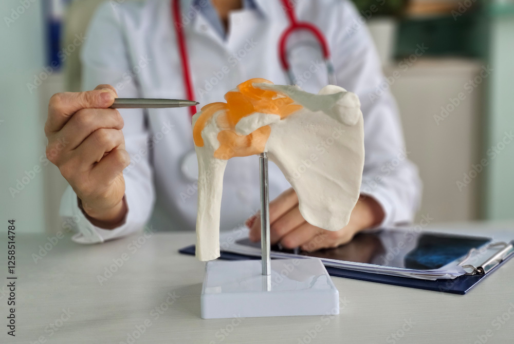 Doctor demonstrates shoulder anatomy using model during patient consultation Doctor demonstrates shoulder anatomy using model during patient consultation
