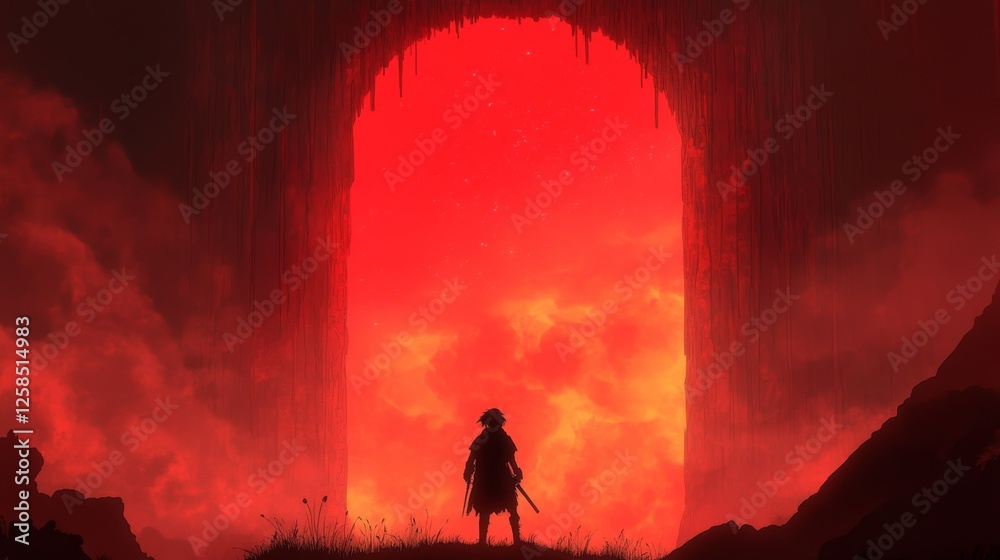 Obraz premium Silhouette of a person standing before a fiery red portal, an ominous and dramatic scene.