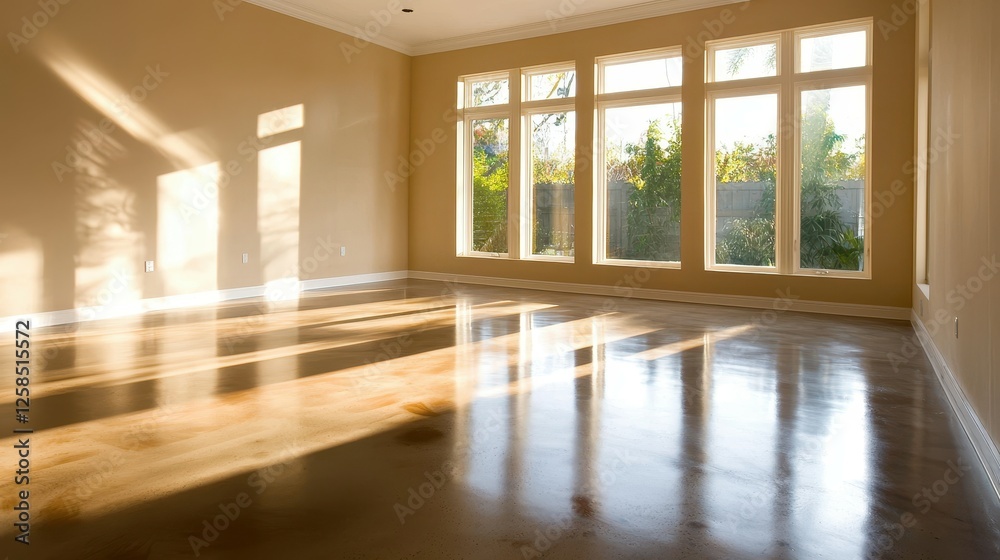 Obraz premium Bright and inviting empty living room with concrete floor natural light modern design tranquil environment panoramic view