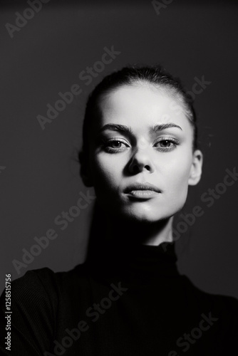 Confident young woman with long hair in a black turtleneck, gazing sincerely at the camera against a dark background. Strong and inspirational portrait concept.