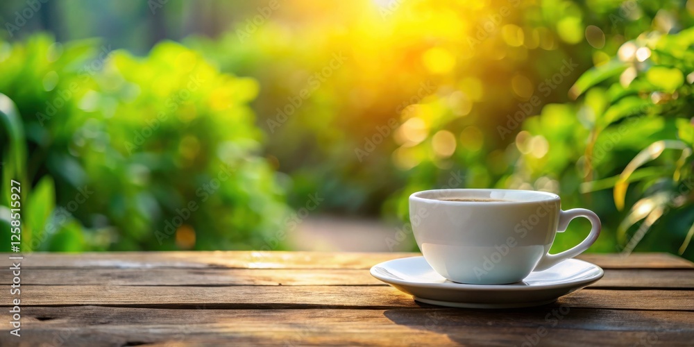 Morning coffee on rustic wooden table in sunlit garden Morning coffee on rustic wooden table in sunlit garden