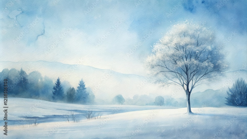 Serene Winter Landscape A Single Snow-Covered Tree Stands in a Frosty Field, Mountains in the Background Serene Winter Landscape A Single Snow-Covered Tree Stands in a Frosty Field, Mountains in the Background