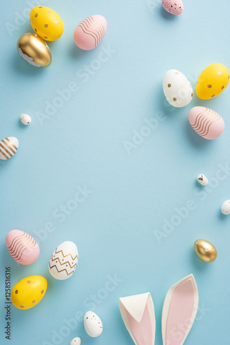 Decorative vertical Easter eggs in pastel shades and bunny ears arranged on a blue background photo