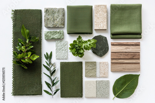 A collection of green materials and natural elements for sustainable design inspiration.