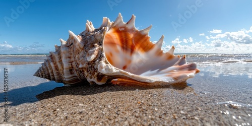 Large conch shell on sandy beach by calm ocean waves under clear blue sky