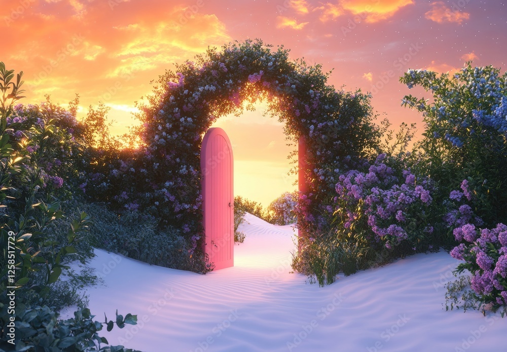 Obraz premium A pink archway leading to the sunset, surrounded by lush greenery and white sand dunes.