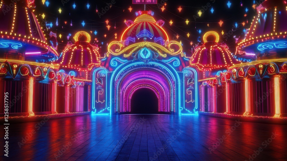 Obraz premium Futuristic Neon Circus with Vibrant Colors and Blending Elements in a Nighttime Setting