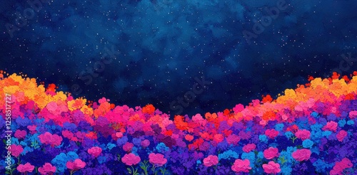 Vibrant Colorful Floral Landscape Under Starry Night Sky