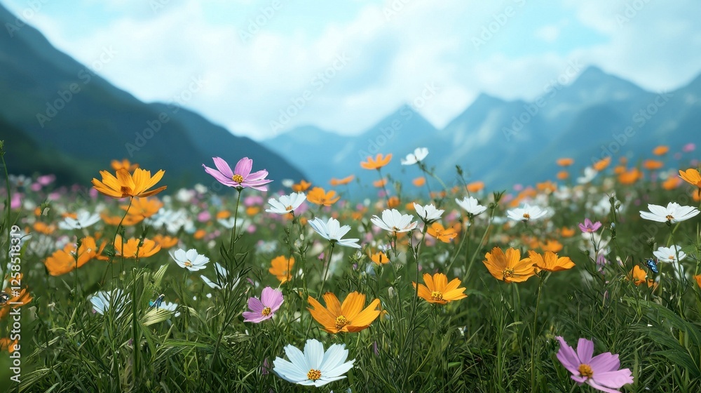 Fototapeta premium Vibrant Wildflower Field with Mountains Under Clear Blue Sky