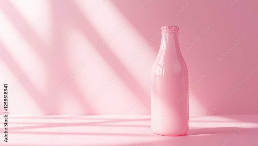 A pink bottle of milk against a pink background, 3D rendering, minimalist design, front view, A pink bottle of milk against a pink background, 3D rendering, minimalist design, front view,