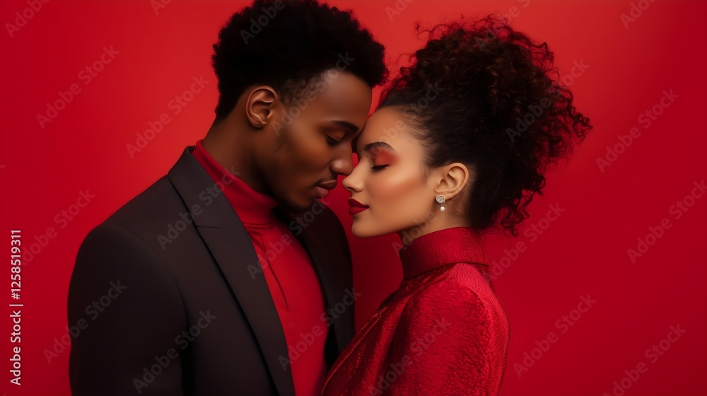 Elegant couple in red embracing intimately. Romantic Valentine's Day concept with passion, love, and deep connection. Elegant couple in red embracing intimately. Romantic Valentine's Day concept with passion, love, and deep connection.