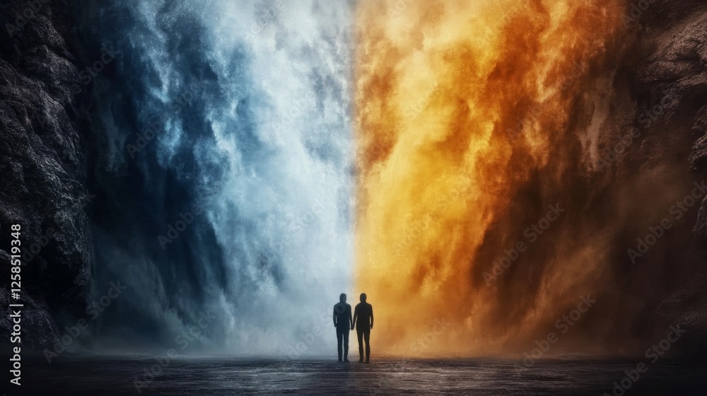Two figures stand between contrasting worlds of ice and fire, a dramatic scene of opposing forces.