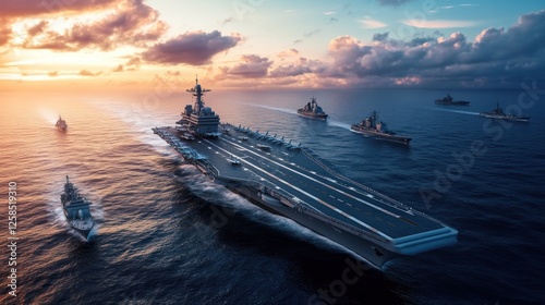 Aircraft carrier leading naval fleet at sunset.