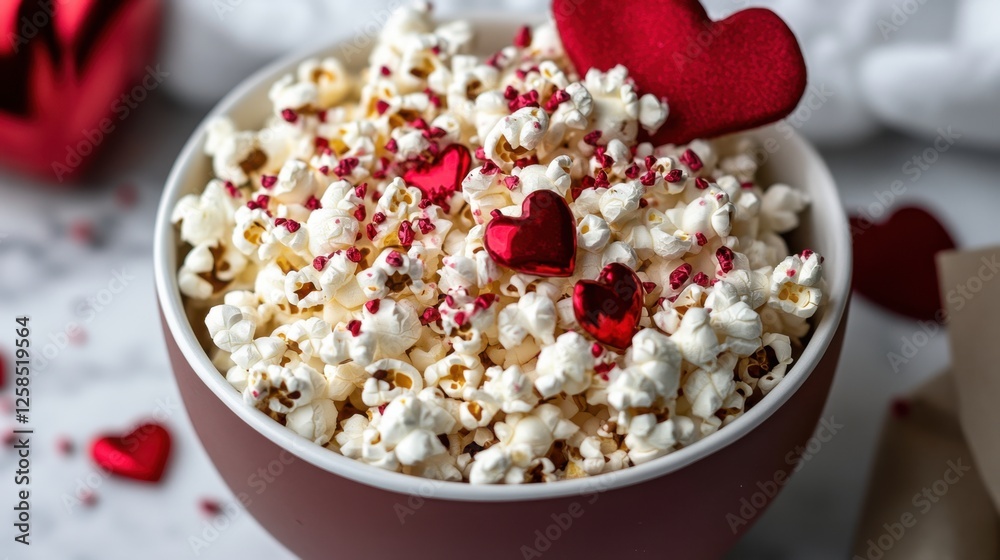 Bowl of popcorn with red heart decorations for romantic snack mood. Popcorn Lovers Day. Valentine’s Day White Chocolate Popcorn Bowl of popcorn with red heart decorations for romantic snack mood. Popcorn Lovers Day. Valentine’s Day White Chocolate Popcorn