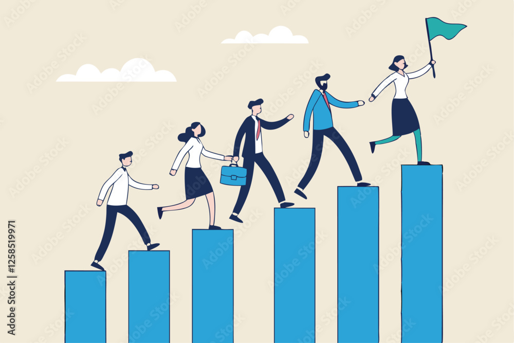 Teamwork to success together, employee career path or partnership support to help business growing, team collaboration or mentor and training concept, business people help team climbing growth chart.
