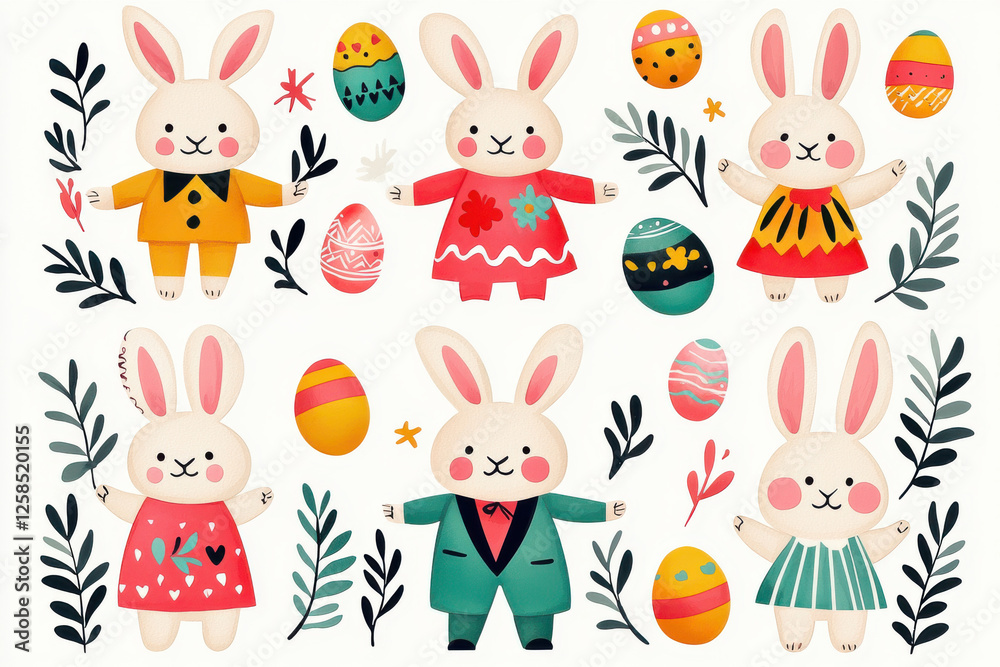 Naklejka premium Colorful cartoon bunnies celebrating Easter with decorated eggs and floral elements.
