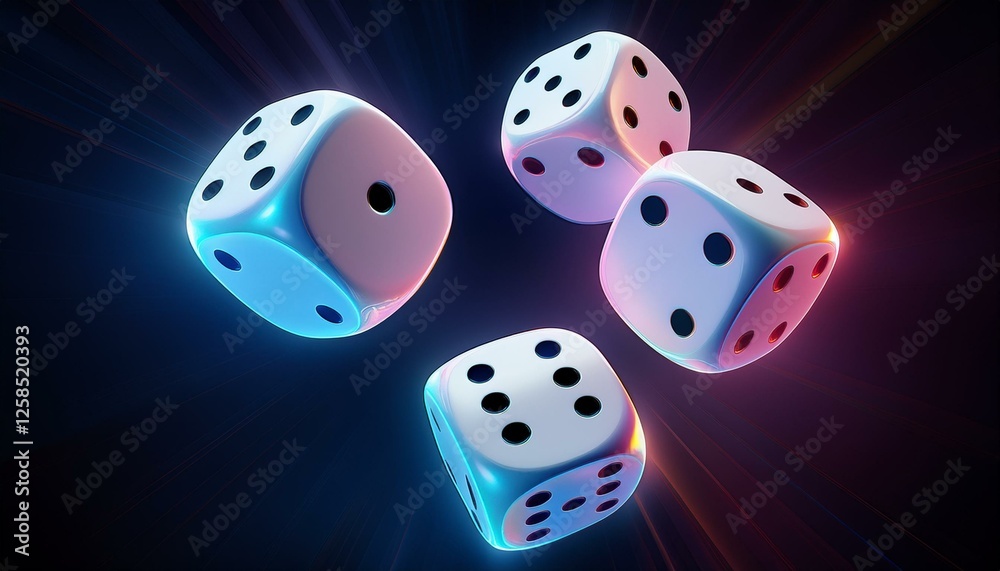 3d set of white play casino game cube dice in neon light on dark black background.
Generated image 3d set of white play casino game cube dice in neon light on dark black background.
Generated image