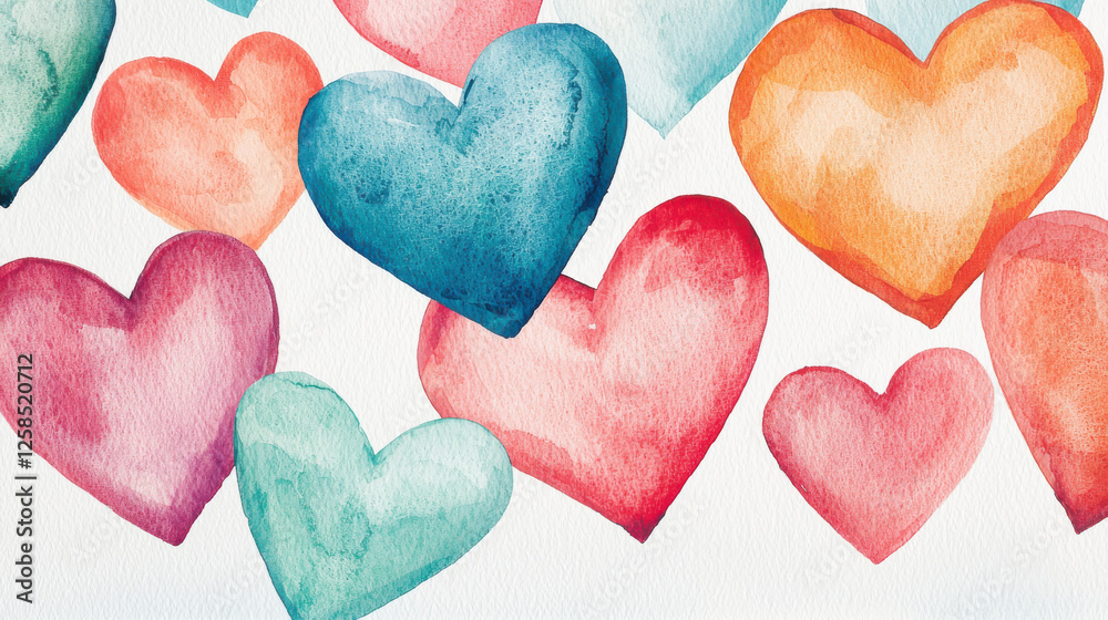 Obraz premium Colorful watercolor hearts in various sizes, symbolizing love and affection.