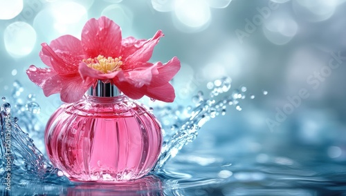 A pink perfume bottle with a red flower, centered on the water surface, with a blue background and water splashes around it.