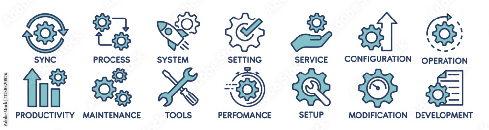Gear settings thin line icon set. Containing sync, process, setting, service, configuration, operation, maintenance, setup, development and more, vector illustration Gear settings thin line icon set. Containing sync, process, setting, service, configuration, operation, maintenance, setup, development and more, vector illustration