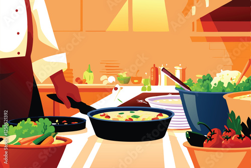 A skilled chef expertly prepares diverse dishes amidst the controlled chaos of a busy restaurant kitchen.  Focus on the chef's actions and the vibrant kitchen environment.