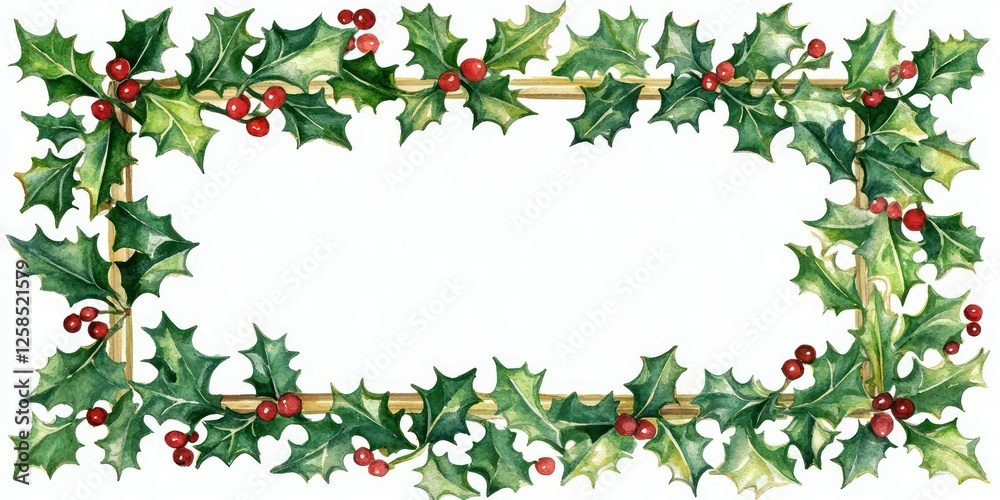 A rectangular holly frame in watercolor style, with space in the center for text or designs. A rectangular holly frame in watercolor style, with space in the center for text or designs.