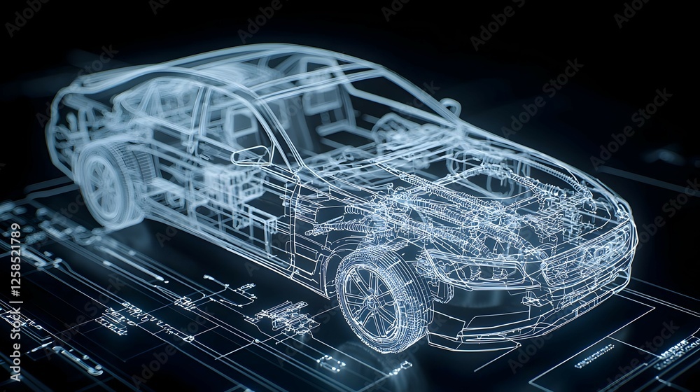 Naklejka premium Digital Wireframe Model of a Modern Car in a Dark Setting