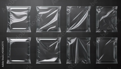 3d set of transparent plastic film with shrink effect. Overlay mockup of square and rectangle crumpled wrap.
Generated image