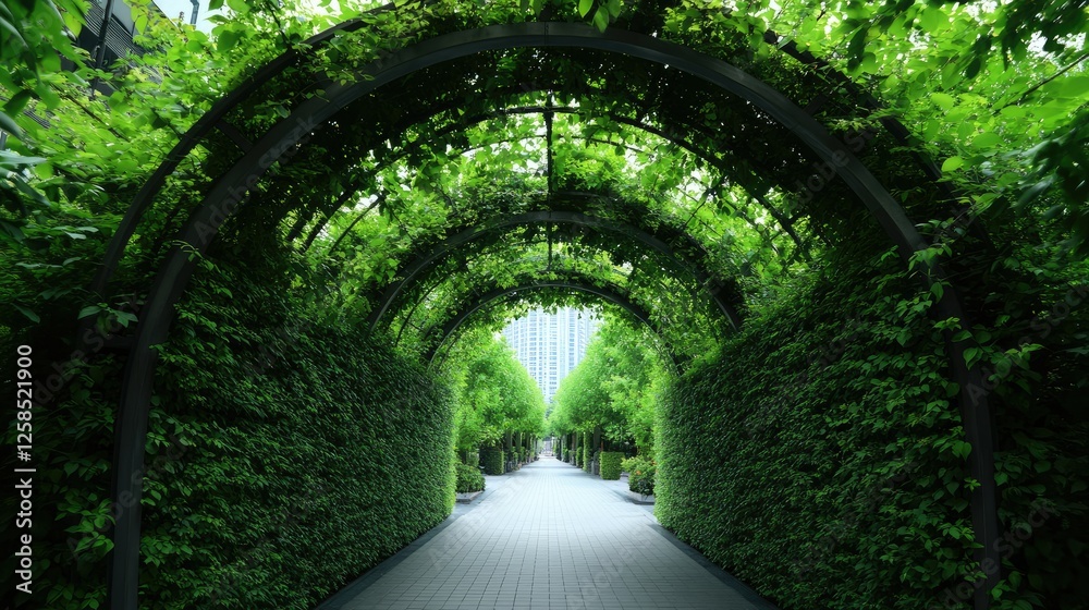 Lush green archway leading through a serene garden pathway in an urban setting with tall buildings in the background Lush green archway leading through a serene garden pathway in an urban setting with tall buildings in the background