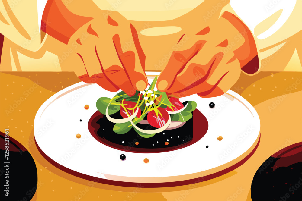 A skilled chef meticulously plates an elegant gourmet dish, adding delicate garnishes.  Focus on the plating technique and the artistry of food presentation.