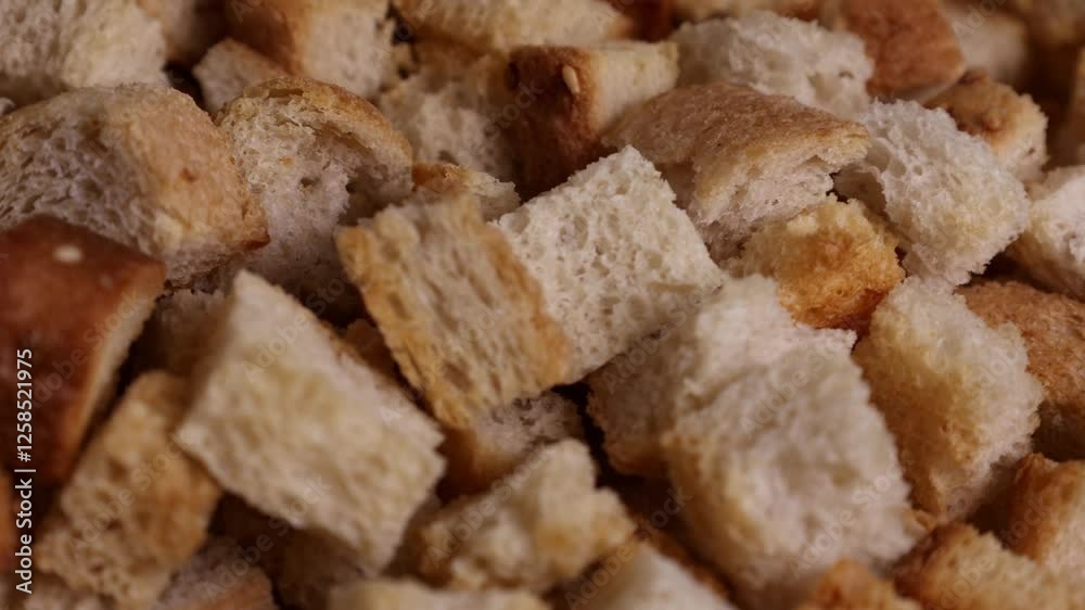 Crispy cubes of toasted bread on a turntable close-up, bread crumbs close-up Crispy cubes of toasted bread on a turntable close-up, bread crumbs close-up