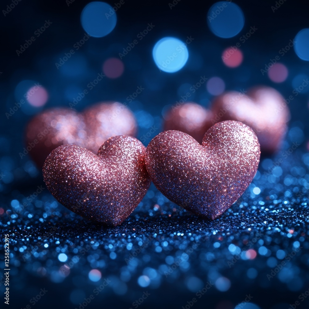 Fototapeta premium Sparkling Hearts on Blue Glitter Background for Romantic Themes
