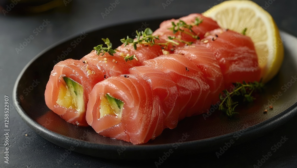 A plate of fresh raw salmon sashimi with lemon and thyme on a dark background, side view. A plate of fresh raw salmon sashimi with lemon and thyme on a dark background, side view.