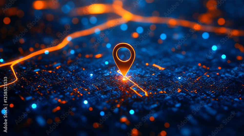 Illuminated 3D location pin on a futuristic network map, Glowing vibrant orange and blue light trails and bokeh Background Illuminated 3D location pin on a futuristic network map, Glowing vibrant orange and blue light trails and bokeh Background