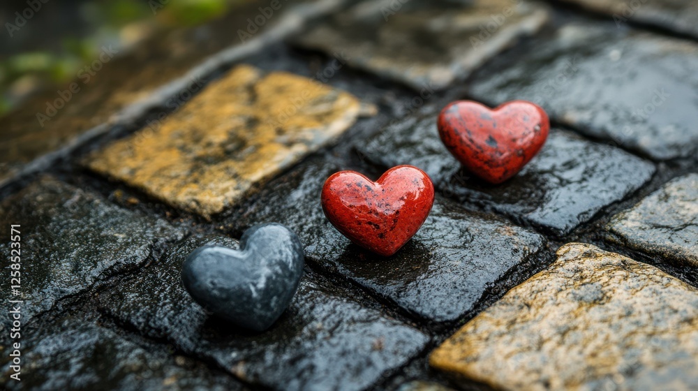 Fototapeta premium Stone Heart Trio on a Wet Brick Path