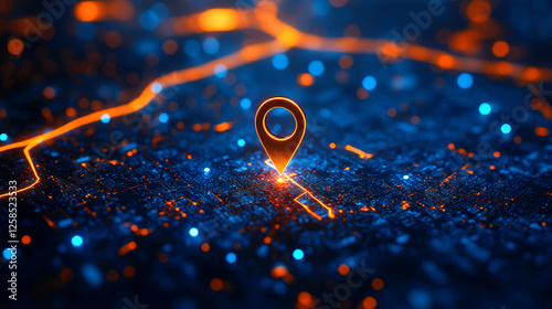 Illuminated 3D location pin on a futuristic network map, Glowing vibrant orange and blue light trails and bokeh Background 
