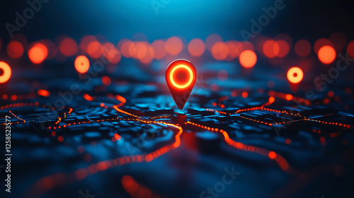 Illuminated 3D Location Pin on Abstract Technological Map, made of vibrant orange and blue light trails and bokeh, Effective Business Planning and Development Strategy 