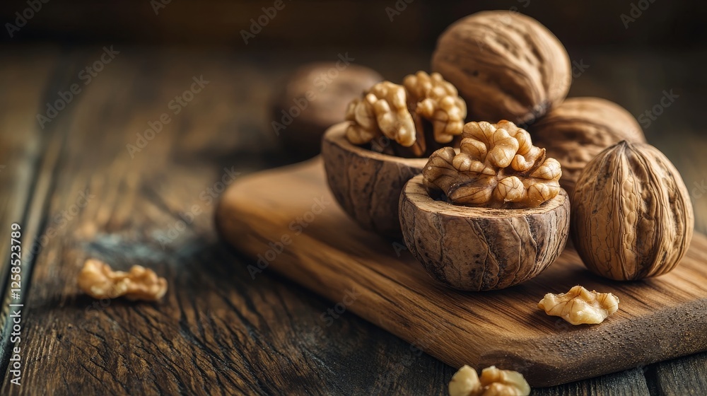 Close-up of walnut on rustic wooden texture. Food concept Close-up of walnut on rustic wooden texture. Food concept