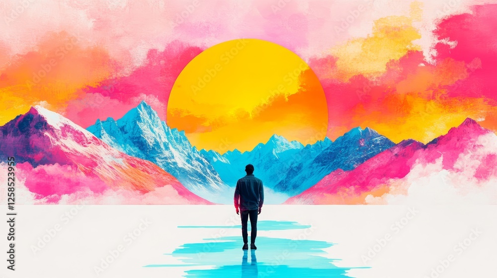 Fototapeta premium A man stands before a vibrant sunset, silhouetted against a backdrop of colorful mountains. A surreal and dreamy landscape.