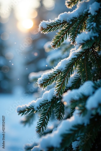 Frosty branches and delicate leaves of the evergreen trees sparkle with ice crystals, snow, sparkling, winter