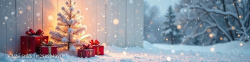 Frosty mornings illuminate a snow-covered tree against white walls, gift wrapping paper, ribbon bows, festive decorations