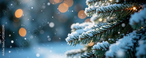 Frosty snowflakes gently fall on a white Christmas tree, evergreen, frost, garland