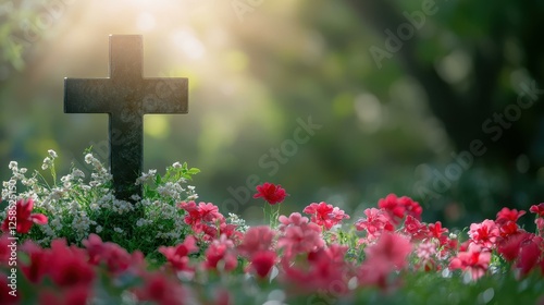Peaceful Cemetery Cross with Flowers