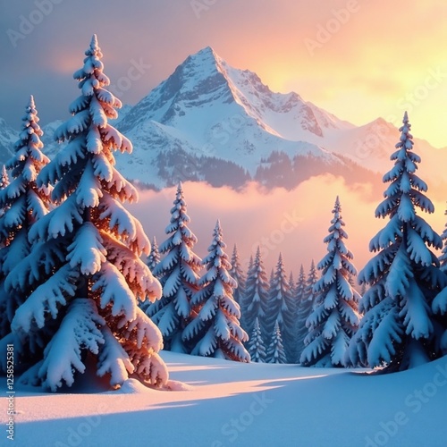Frosty trees with snow-capped peaks and misty dawn background, winter landscape, snow-covered trees